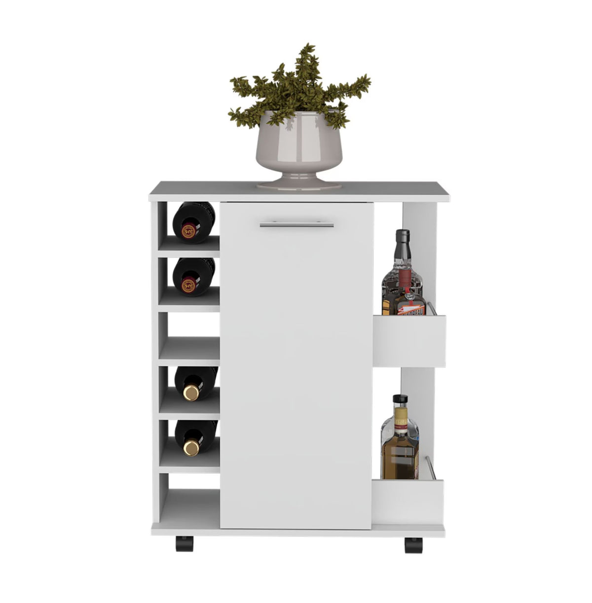 Bar Cart with Wine Storage, White Finish - Cabot Rolling Bar Cart with Shelves & Casters