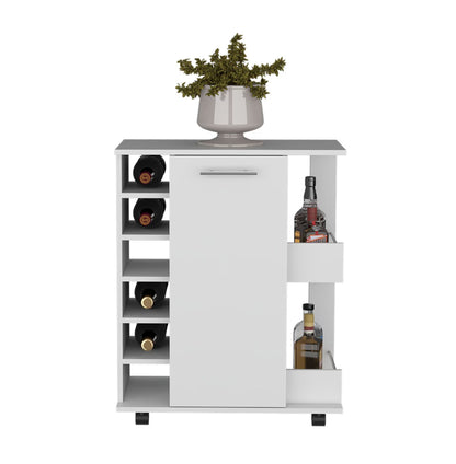 Bar Cart with Wine Storage, White Finish - Cabot Rolling Bar Cart with Shelves & Casters