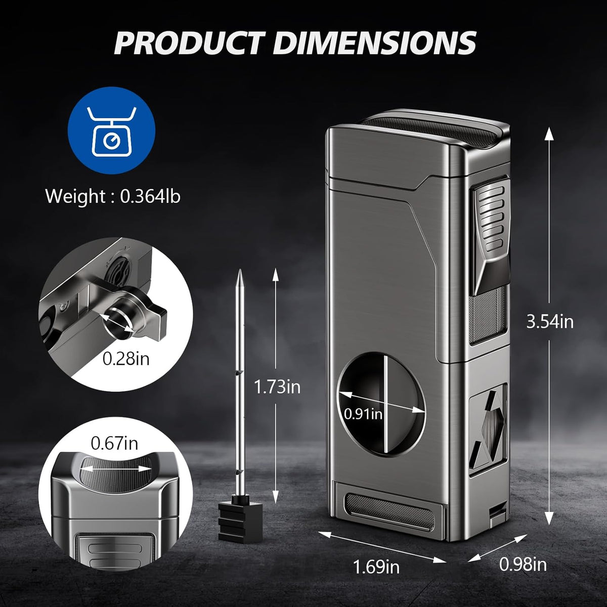 Cigar Torch Lighter, 4 Jet Flame Cigar Lighter with Cigar Cutter V Cut Cigar Accessories Cigar Holder Cigar Punch Cigar Draw Enhancer, Windproof Refillable Butane Lighter, Cigar Gifts for Men