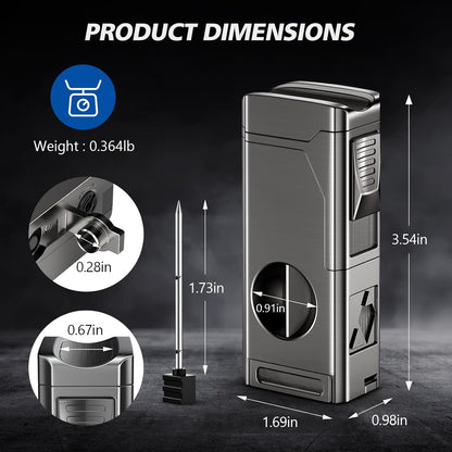 Cigar Torch Lighter, 4 Jet Flame Cigar Lighter with Cigar Cutter V Cut Cigar Accessories Cigar Holder Cigar Punch Cigar Draw Enhancer, Windproof Refillable Butane Lighter, Cigar Gifts for Men
