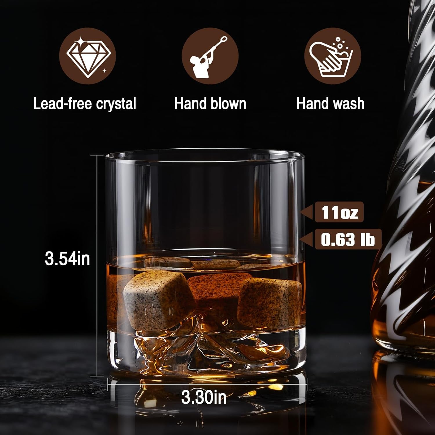 Whiskey Glasses Set of 2, 11Oz Old Fashioned Glasses, Hand-Blown Lead-Free Crystal, Iceberg Base, Durable Heavy Bottom Tumblers — Perfect Whiskey Gifts for Men, Minimalist Rustic Gift Box Included