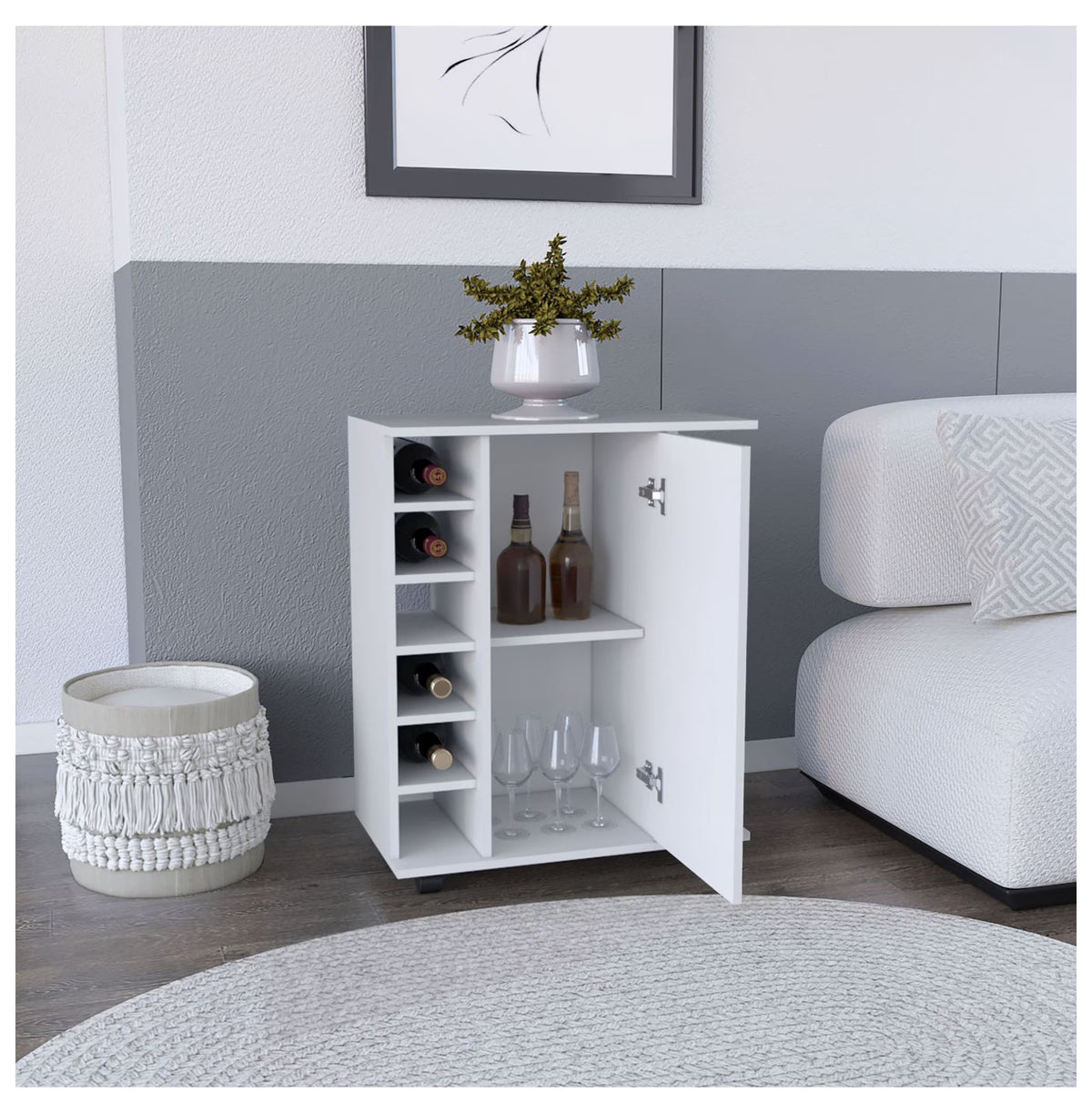 Bar Cart with Wine Storage, White Finish - Cabot Rolling Bar Cart with Shelves & Casters