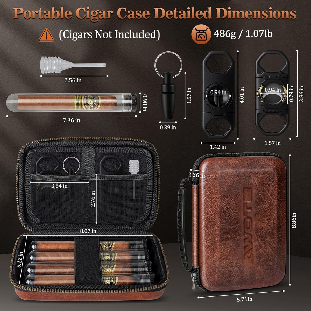 Travel Cigar Humidor Case, Portable Cigar Bag with 4 Cigar Tubes, Leather Cigar Case Include Straight Cutter, V Cutter, Hole Puncher, Gift Set for Cigar Lovers, Lighter Not Included (Brown)