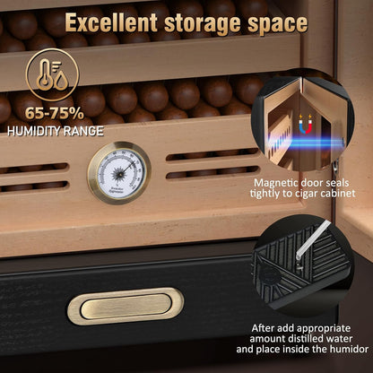Cigar Humidor Cabinet, Cigar Cabinet Humidor with Spanish Cedar Wood Drawer, Precision Hygrometer, 2 Humidifiers, Cigar Accessories Drawer and Travel Cigar Case, Christmas for Cigar Lovers