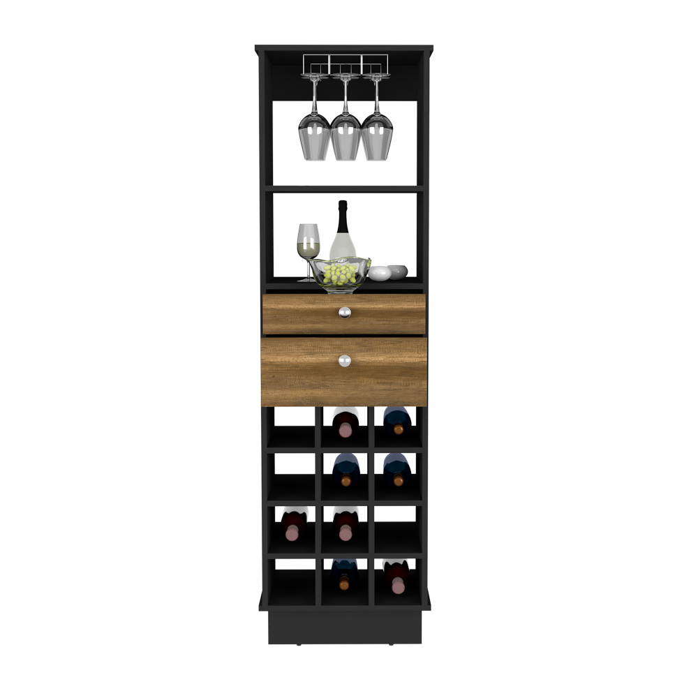 Bureck Bar Cabinet – Black Wenge Finish with Two Drawers and Twelve Wine Cubbies