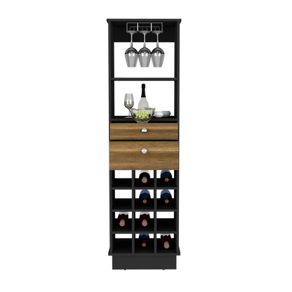 Bureck Bar Cabinet – Black Wenge Finish with Two Drawers and Twelve Wine Cubbies