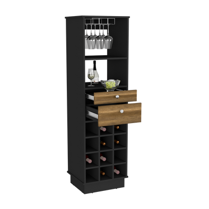 Bureck Bar Cabinet – Black Wenge Finish with Two Drawers and Twelve Wine Cubbies