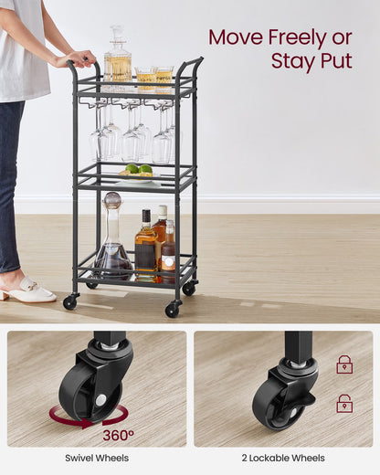 Bar Cart, Home Bar Serving Cart, Small Bar Cart with 3-Tier Shelf, Wine Holders, Glass Holders, Mini Bar Cart for Small Spaces, Ink Black