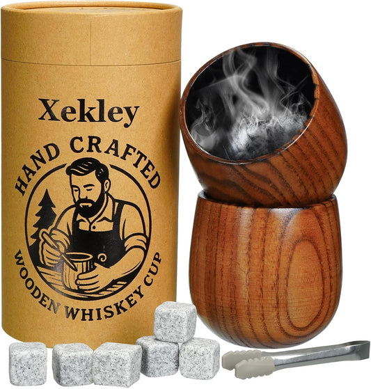 2 Pack Charred Wooden Bourbon Drinking Glass – Handcrafted Bourbon Tumblers with Burnt Interior – 10Oz Old Fashioned Wooden Whiskey Glass– Unique Whiskey Gifts for Men, Dad, Husband, or Brother