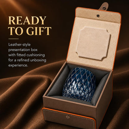 Blue Kiriko-Inspired Whiskey Glass with Gift Box, 10.8 Oz | Blue Hand-Cut Crystal Tumbler for Bourbon, Scotch, Old Fashioned Cocktails, Whiskey Stones and Gifting