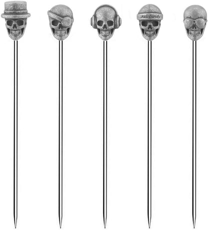 5 Piece Cocktail Picks Stainless Steel Skull Tops Martini Picks Reusable Olive Picks (Antique Silver)