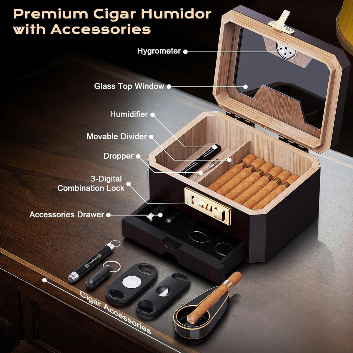 Cigar Humidor, Cedar Wood Desktop Humidor Cigar Box with Combination Lock, Glass Top Storage with Hygrometer & Humidifier, Accessory Drawer and Divider, Complete Cigar Accessories, Cigar Gifts for Men