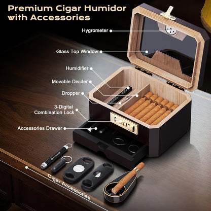 Cigar Humidor, Cedar Wood Desktop Humidor Cigar Box with Combination Lock, Glass Top Storage with Hygrometer & Humidifier, Accessory Drawer and Divider, Complete Cigar Accessories, Cigar Gifts for Men