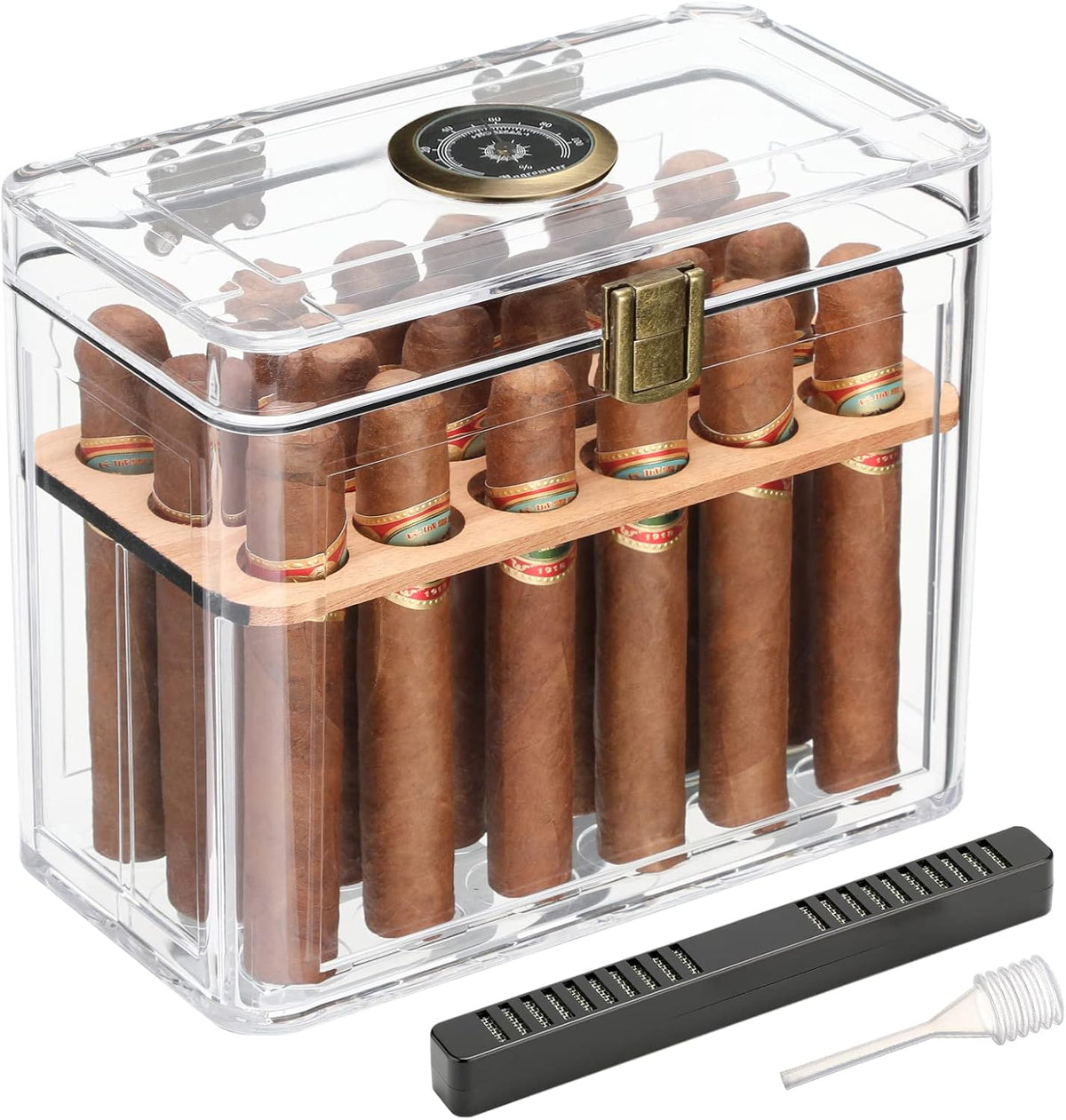 Cigar Humidor, Acrylic Humidor Cigar Box, Cigar Accessories with Hygrometer & Humidifier, Cigar Gifts for Men, Humidor with Cedar Wood Tray, Cigar Case Fits 18-50 Cigars, Cigar Box Gift