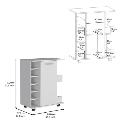 Bar Cart with Wine Storage, White Finish - Cabot Rolling Bar Cart with Shelves & Casters