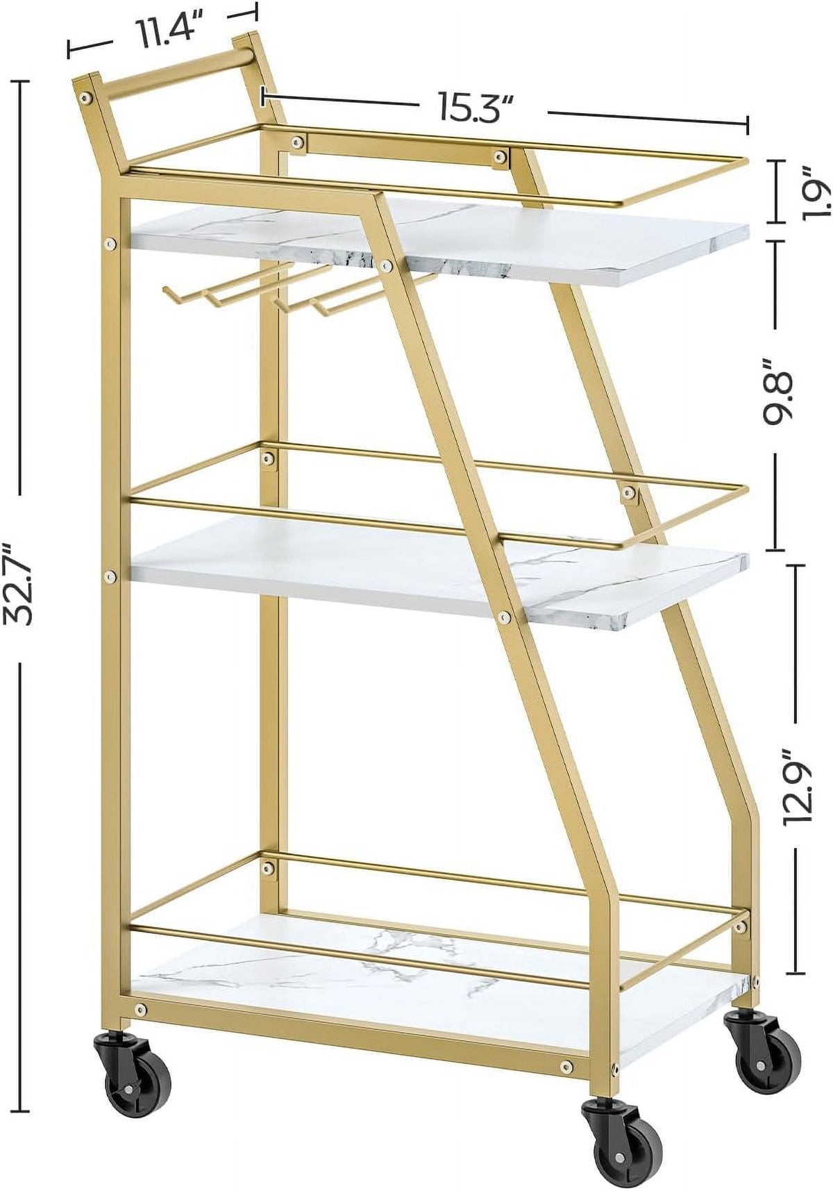 Bar Cart, Gold Bar Cart for the Home, Small Bar Cart on Wheels, Beverage Cart, Home Bar Serving Cart with Glass Holder, Drink Cart for Bar, Kitchen, Marble White and Gold