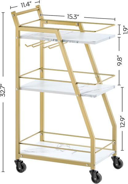 Bar Cart, Gold Bar Cart for the Home, Small Bar Cart on Wheels, Beverage Cart, Home Bar Serving Cart with Glass Holder, Drink Cart for Bar, Kitchen, Marble White and Gold