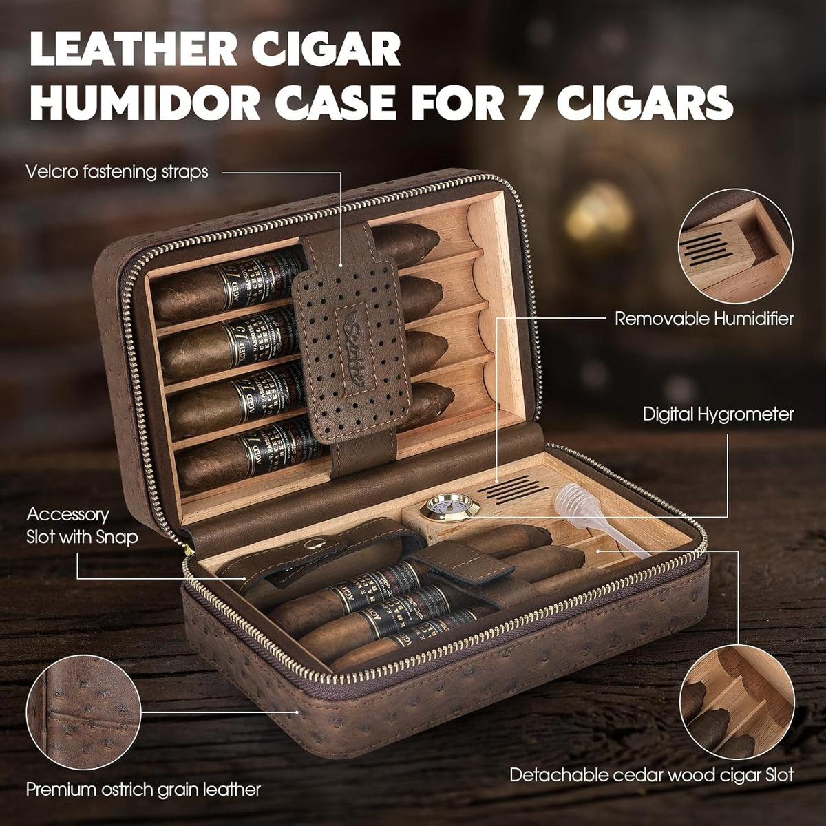Cigar Humidor Box, Cigar Lighter Cedar Wood Lined Leather Cigar Case Built in Hygrometer & Humidifier, Torch Lighter with Cigar Holder Cigar Punch Portable Travel Cigar Humidor Kit(No Butane)