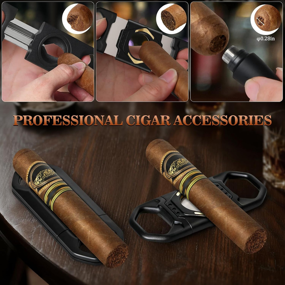 Travel Cigar Humidor Case, Portable Cigar Bag with 4 Cigar Tubes, Leather Cigar Case Include Straight Cutter, V Cutter, Hole Puncher, Gift Set for Cigar Lovers, Lighter Not Included (Black)