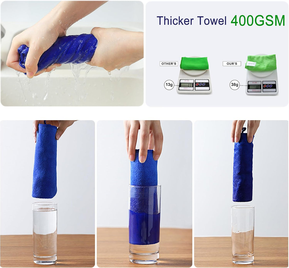Premium Microfiber Cleaning Cloths, Ultra Absorbent Lint-Free Towels for Kitchen, Glass, Car Care, Stainless Steel & Household Cleaning, 400 GSM, 12" X 12"