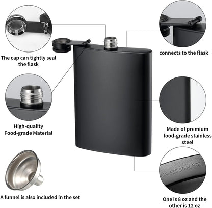 2 Pack Hip Flasks for Liquor, 8 Oz & 12 Oz, Stainless Steel Leakproof