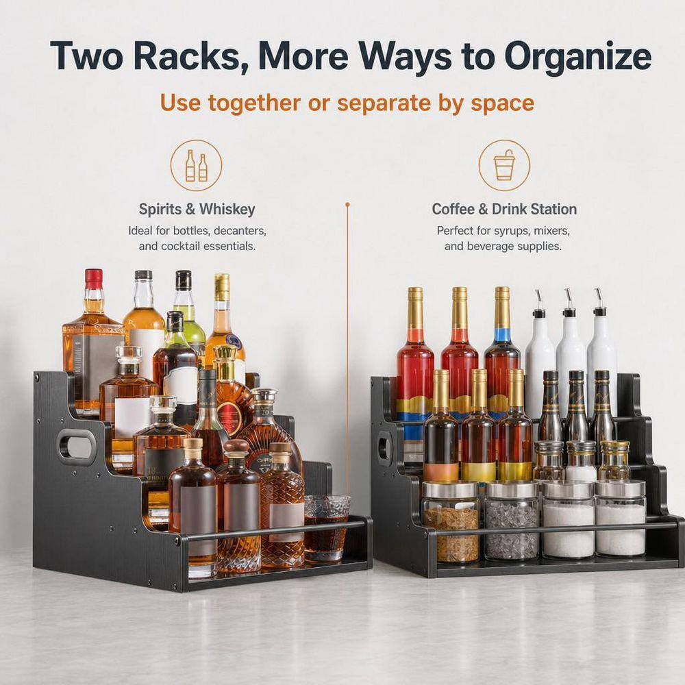 2-Pack 4-Tier 12.4 In. H X 16 In. W 16-Bottle Black Wooden Bar Shelves, Countertop Liquor Bottle Display Shelf