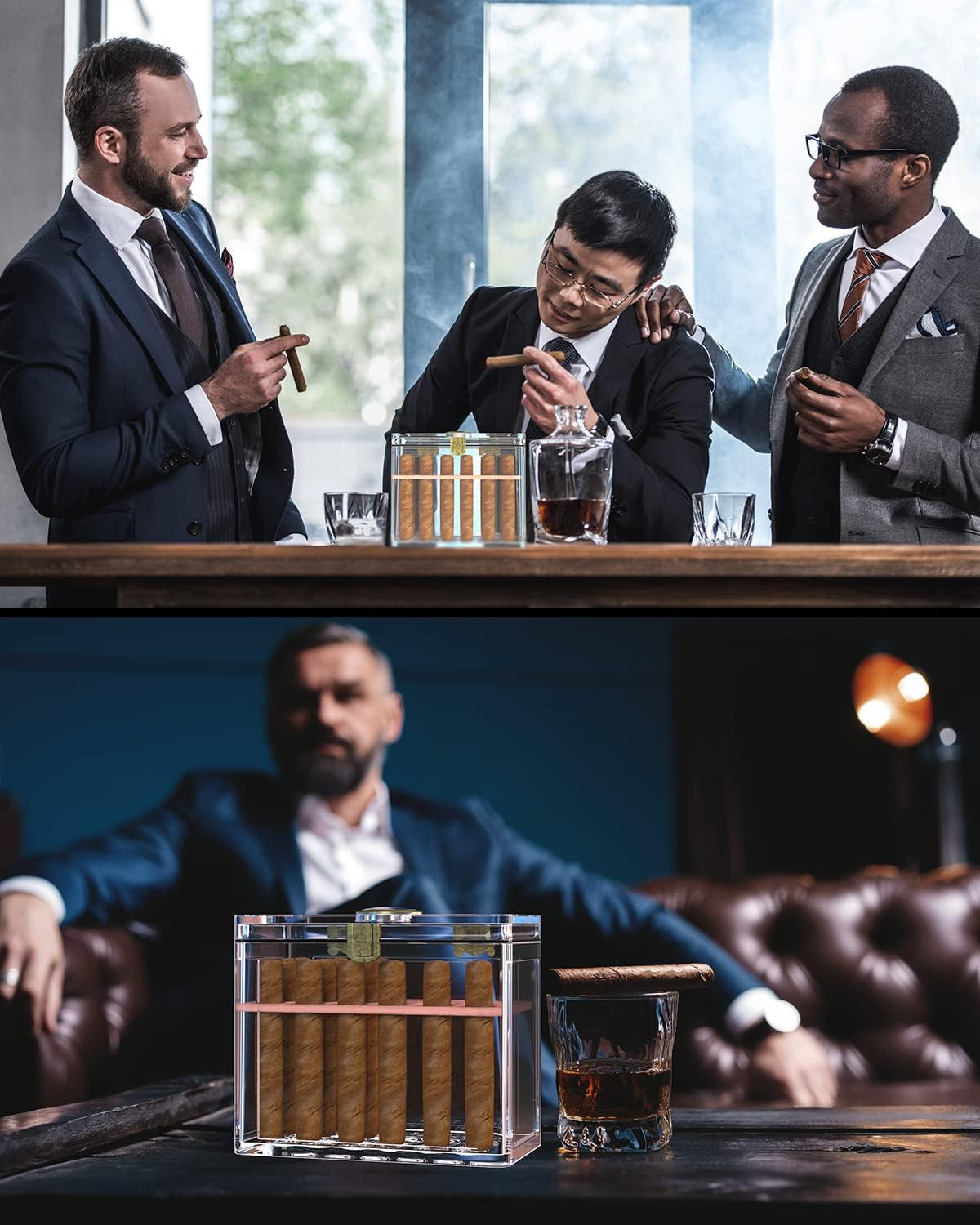 Acrylic Cigar Humidor with Humidifier and Hygrometer, Desktop Cigar Case Box with Spanish Cedar Cigar Tray That Can Hold about 18-50 Cigars