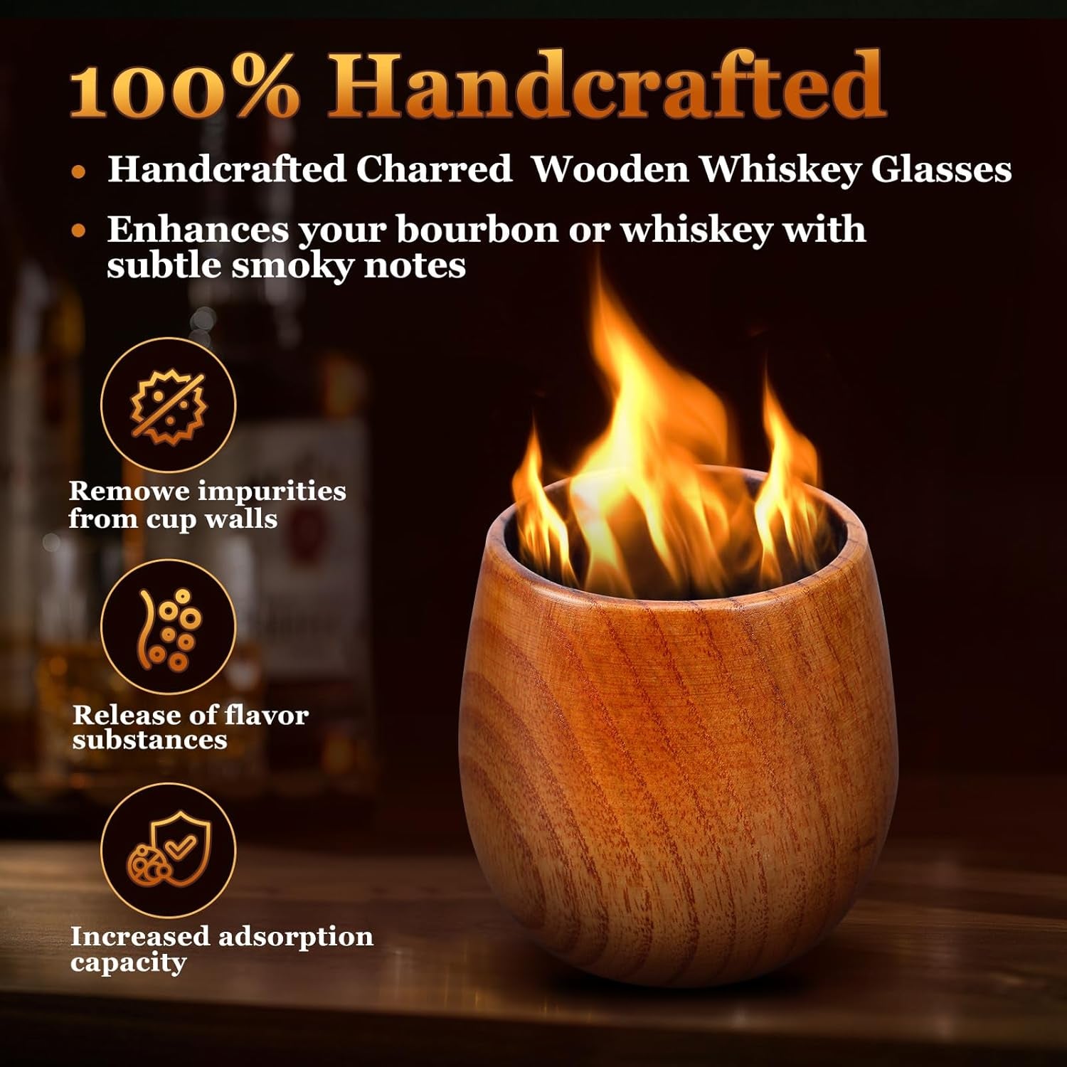 Handcrafted Charred Wooden Bourbon Glass Handcrafted Premium Whiskey Glasses, Bourbon Gifts for Men, Ideal Presents for Dad, Boyfriend, Father and Friends, Wine Tumbler 1 Pack