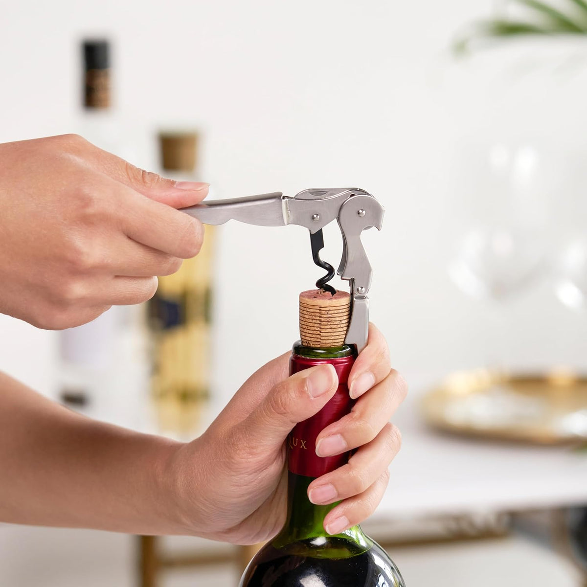 tap Double Hinged Waiter'S Corkscrew Wine Opener, Stainless Steel Wine Bottle Opener with Built in Foil Cutter, Home Bar Tools, Bar Cart Accessories, Wedding Gifts, Set of 1, Silver