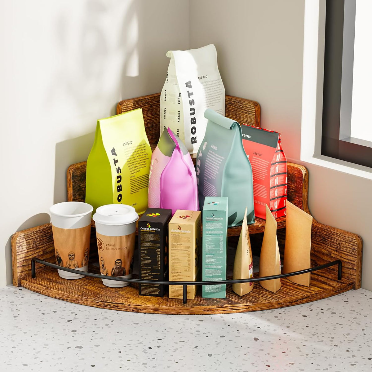 Liquor Bottle Display Corner Shelf, Brown
