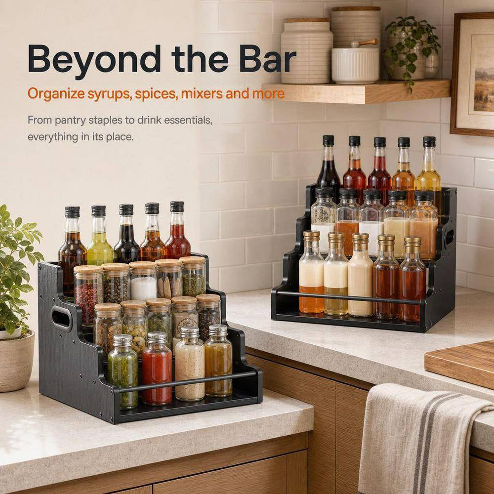 2-Pack 4-Tier 12.4 In. H X 16 In. W 16-Bottle Black Wooden Bar Shelves, Countertop Liquor Bottle Display Shelf