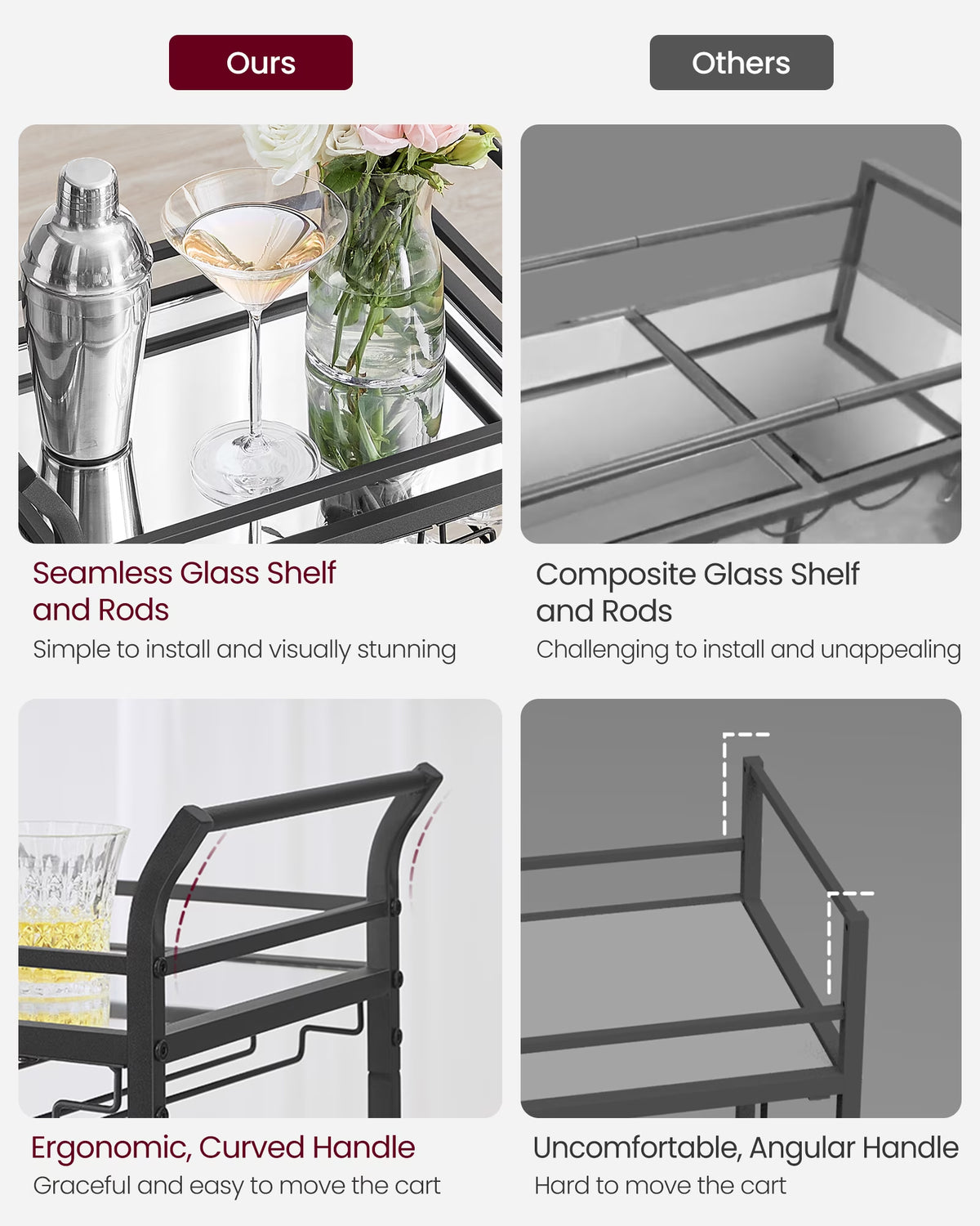 Bar Cart, Home Bar Serving Cart, Small Bar Cart with 3-Tier Shelf, Wine Holders, Glass Holders, Mini Bar Cart for Small Spaces, Ink Black