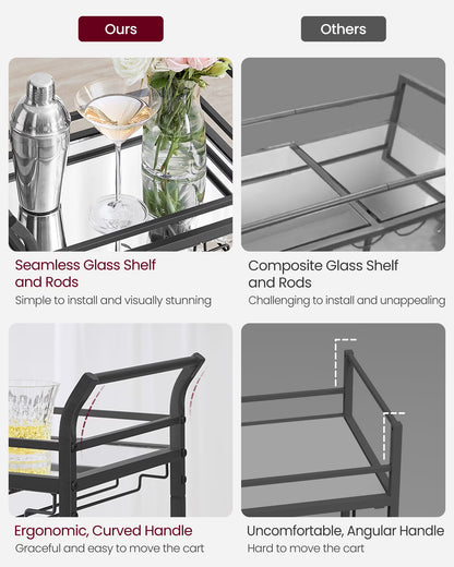 Bar Cart, Home Bar Serving Cart, Small Bar Cart with 3-Tier Shelf, Wine Holders, Glass Holders, Mini Bar Cart for Small Spaces, Ink Black
