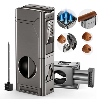 Cigar Lighter 4 Jet Flame Cigar Lighters with Cigar Cutter Cigar Accessories Cigar Draw Enhancer Windproof Refillable Butane