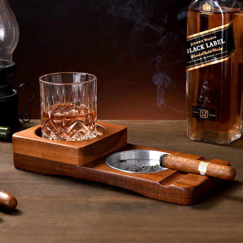 2-in-1 Wooden Ashtray & Cigar Holder with Rustic Wood Whiskey Glass Tray – Elegant Multifunctional Accessory