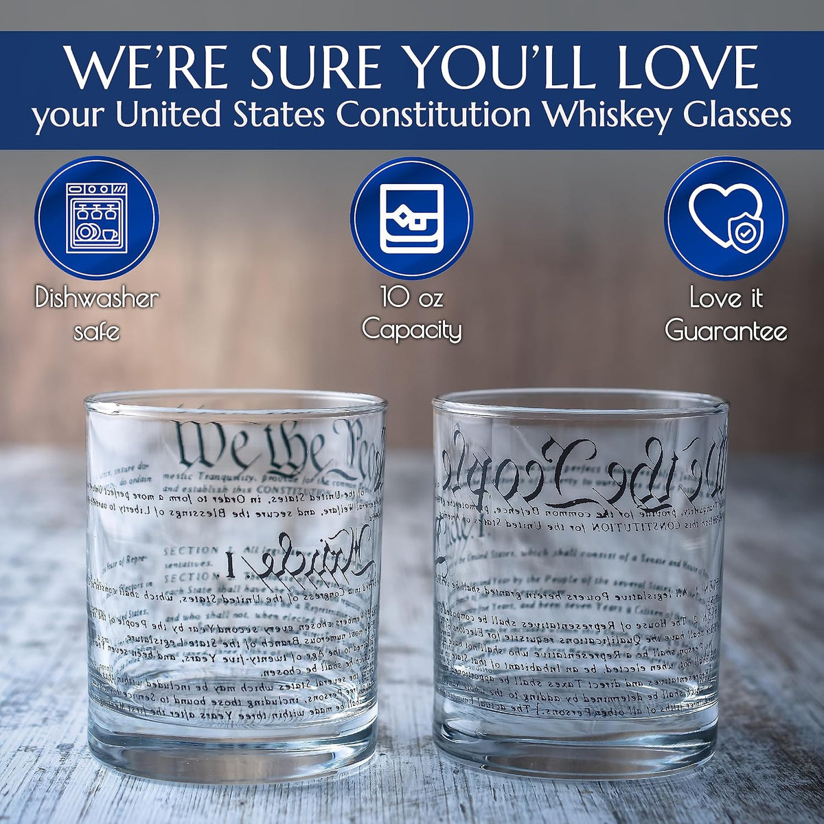 Whiskey Glasses – United States Constitution We the People (Set of 2) - 10 Oz Tumblers - American US Patriotic Gift Set - Old Fashioned Cocktail Glasses