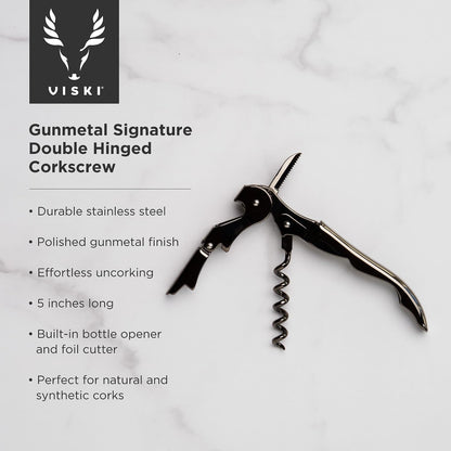 Gunmetal Signature Double Hinged Waiters Corkscrew Wine Opener, Stainless Steel with Built-In Bottle Opener & Foil Cutter for Home Bar, Kitchen, Travel, Gifts for Wine Lovers, Set of 1, Black