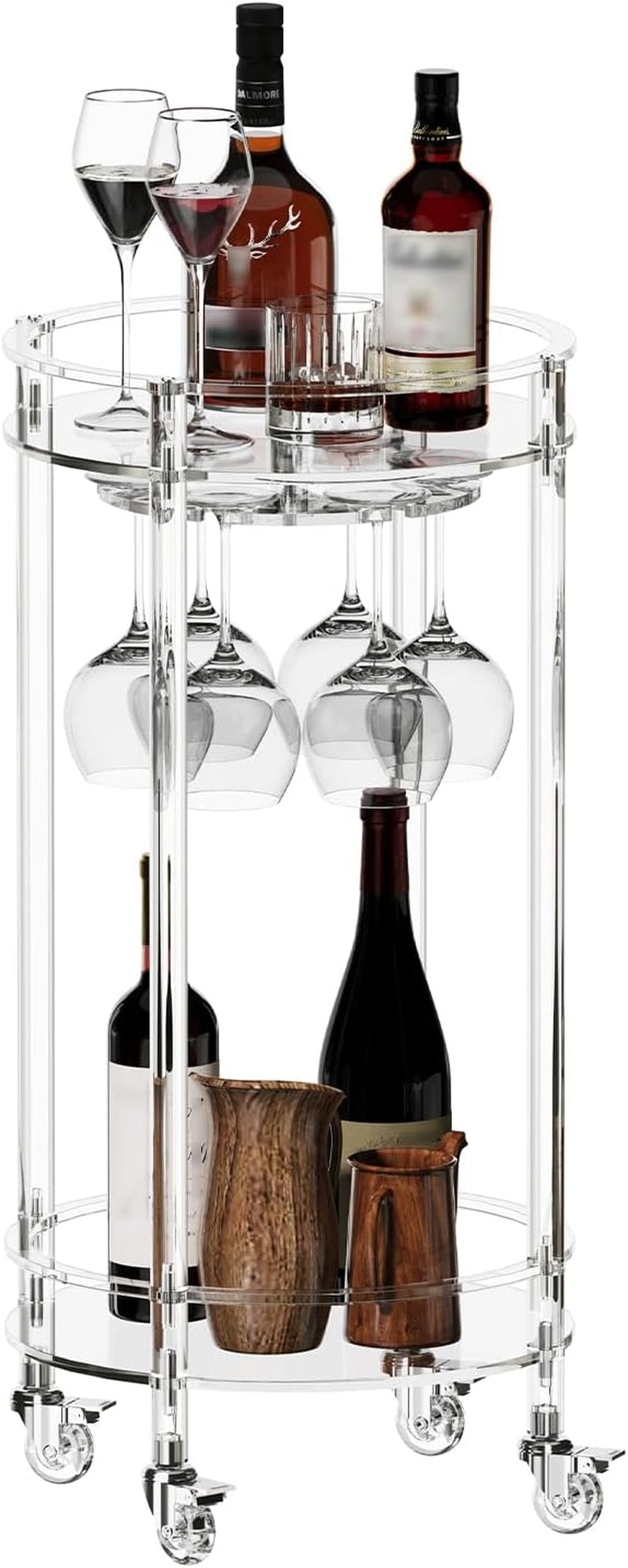 Acrylic Bar Cart, Rolling round Bar Cart, 2-Tier Home Serving Cart