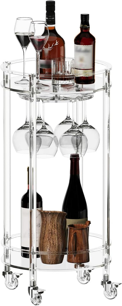 Acrylic Bar Cart, Rolling round Bar Cart, 2-Tier Home Serving Cart