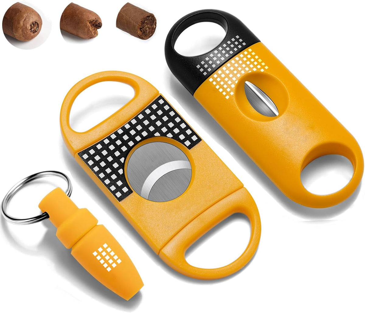 Cigar Cutter Set, with Cigar Straight Cutter, Cigar V Cutter, Cigar Punch, Multi-Functional Cigar Accessories Kit for Cigar Humidor Case, Portable Cigar Tools for Travel Outdoors (Yellow)