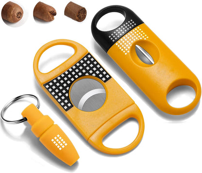 Cigar Cutter Set, with Cigar Straight Cutter, Cigar V Cutter, Cigar Punch, Multi-Functional Cigar Accessories Kit for Cigar Humidor Case, Portable Cigar Tools for Travel Outdoors (Yellow)