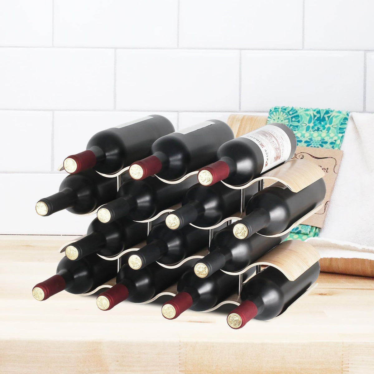 14 Bottles Wine Racks Countertop for Shelf, 4-Tier Wooden Wine Bottle Holder Stand, Freestanding Wine Storage for inside Cabinet Organizer for Home Décor, Bar and Pantry