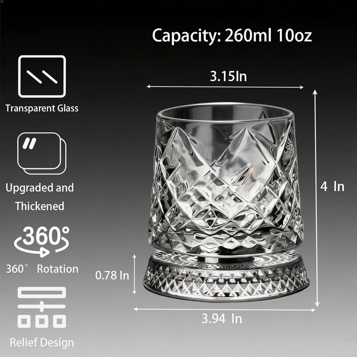 Spinning Whiskey Glass,Set of 2 – 360° Rotating Crystal Whiskey Tumblers with Heavy Base,Lead-Free Premium Glass for Bourbon & Scotch,Unique Gift for Men(A)