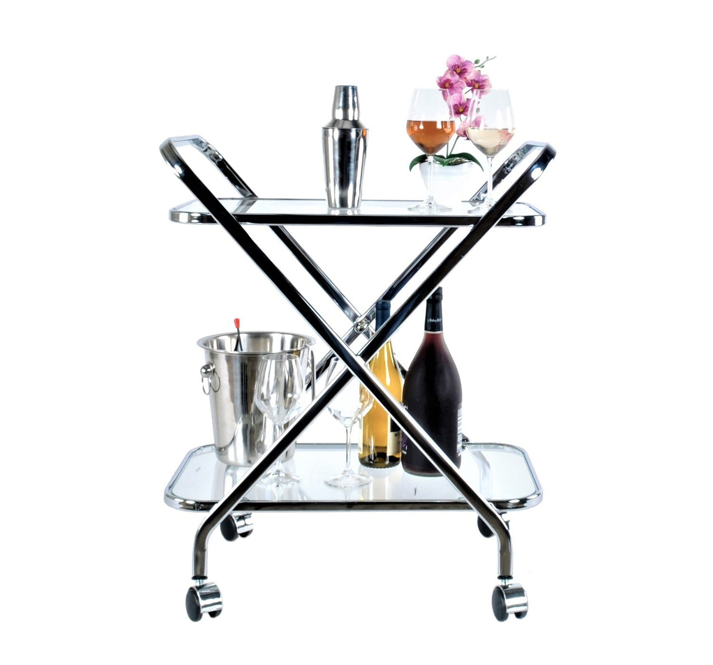 Short X-Shape Metal and Transparent Glass Bar Cart