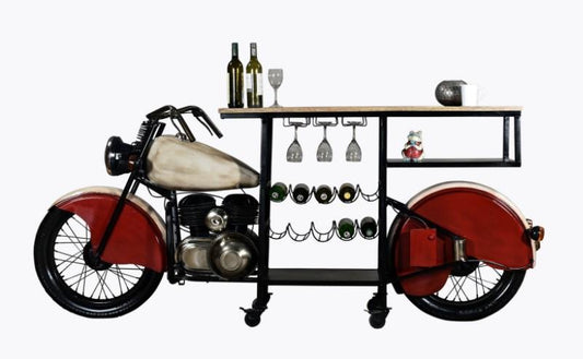 Vintage Motorcycle Bar – Red and White Metal and Mango Wood Bar with Unique Serving Surface