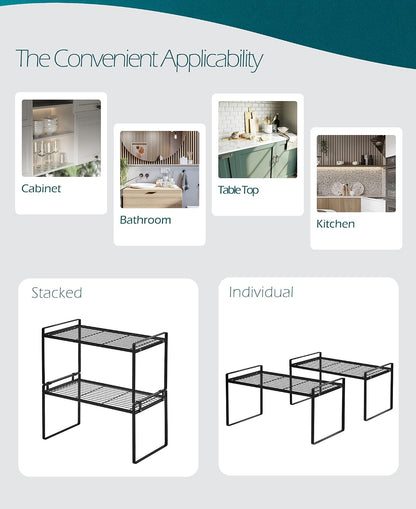 Cabinet Shelf Organizer, Pantry Shelf Rack, Black 16X8.3X9.5