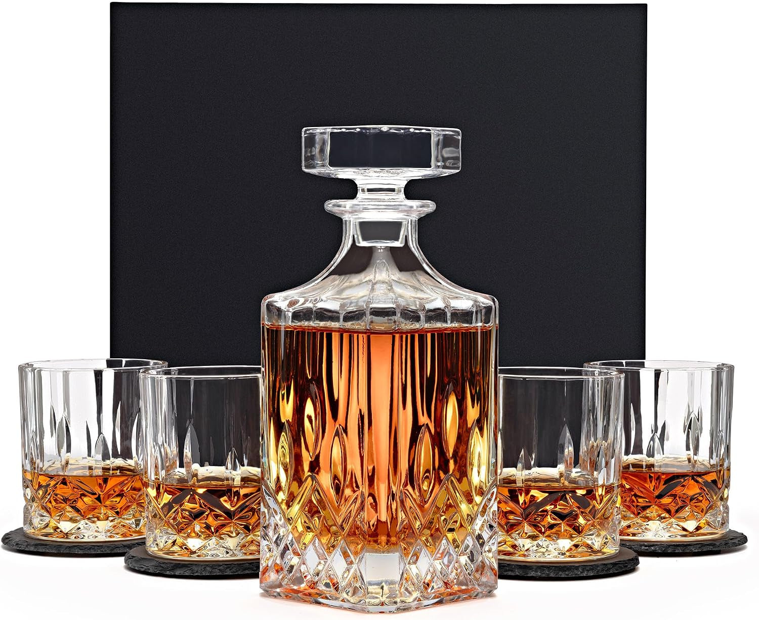Luxury Whiskey Decanter Gift Set - 25Oz Crystal Decanter, 4 Old-Fashioned Glasses, 4 Slate Coasters with Diamond Pattern Premium Black Gift Box