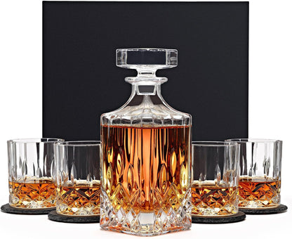 Luxury Whiskey Decanter Gift Set - 25Oz Crystal Decanter, 4 Old-Fashioned Glasses, 4 Slate Coasters with Diamond Pattern Premium Black Gift Box
