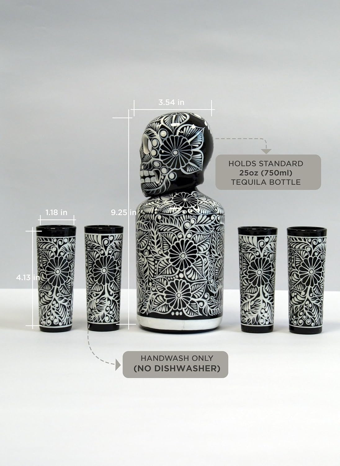 Tequila Decanter Set, Liquor Decanter with Shot Glasses and Mexican Sombrero, Hand-Painted Decanter, Skull Decanter, Bar Decoration, Unique Tequila Gift, Gift for Dad, (Black Decanter Set)