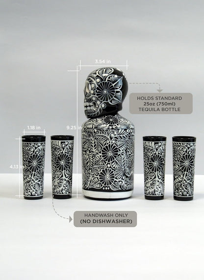 Tequila Decanter Set, Liquor Decanter with Shot Glasses and Mexican Sombrero, Hand-Painted Decanter, Skull Decanter, Bar Decoration, Unique Tequila Gift, Gift for Dad, (Black Decanter Set)